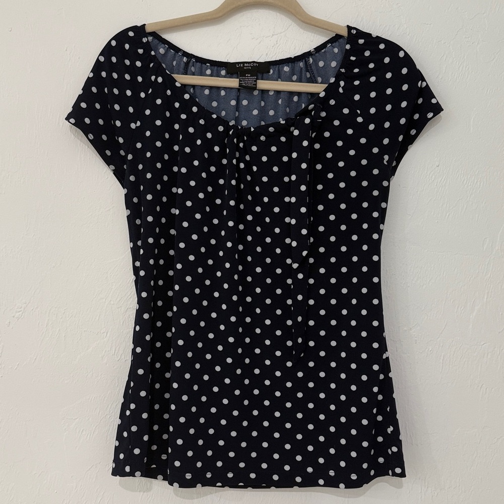 Liz McCoy Petite Navy Blue Polka Dot Tie Neck Short Sleeve Top PM
